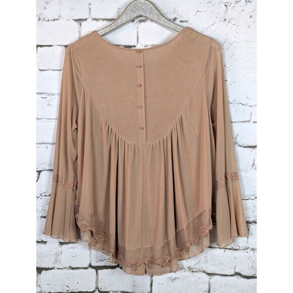 ULTRA PINK Lace Mesh Layered Tunic Bell Sleeve Boho Hippie Peasant Stretch Large - Picture 5 of 9